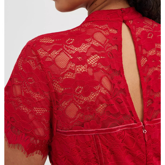Torrid Mock Neck Fit & Flare Mini Dress Lace Jester Red Velvet Trim Plus Size 26 - Picture 13 of 16